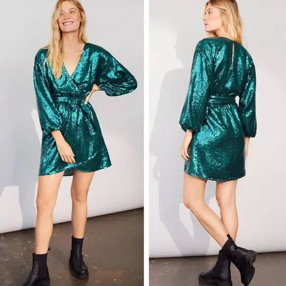 Anthropologie Green Metallic Lisabette Sequined Mini Dress NWT Size XS - Picture 6 of 9